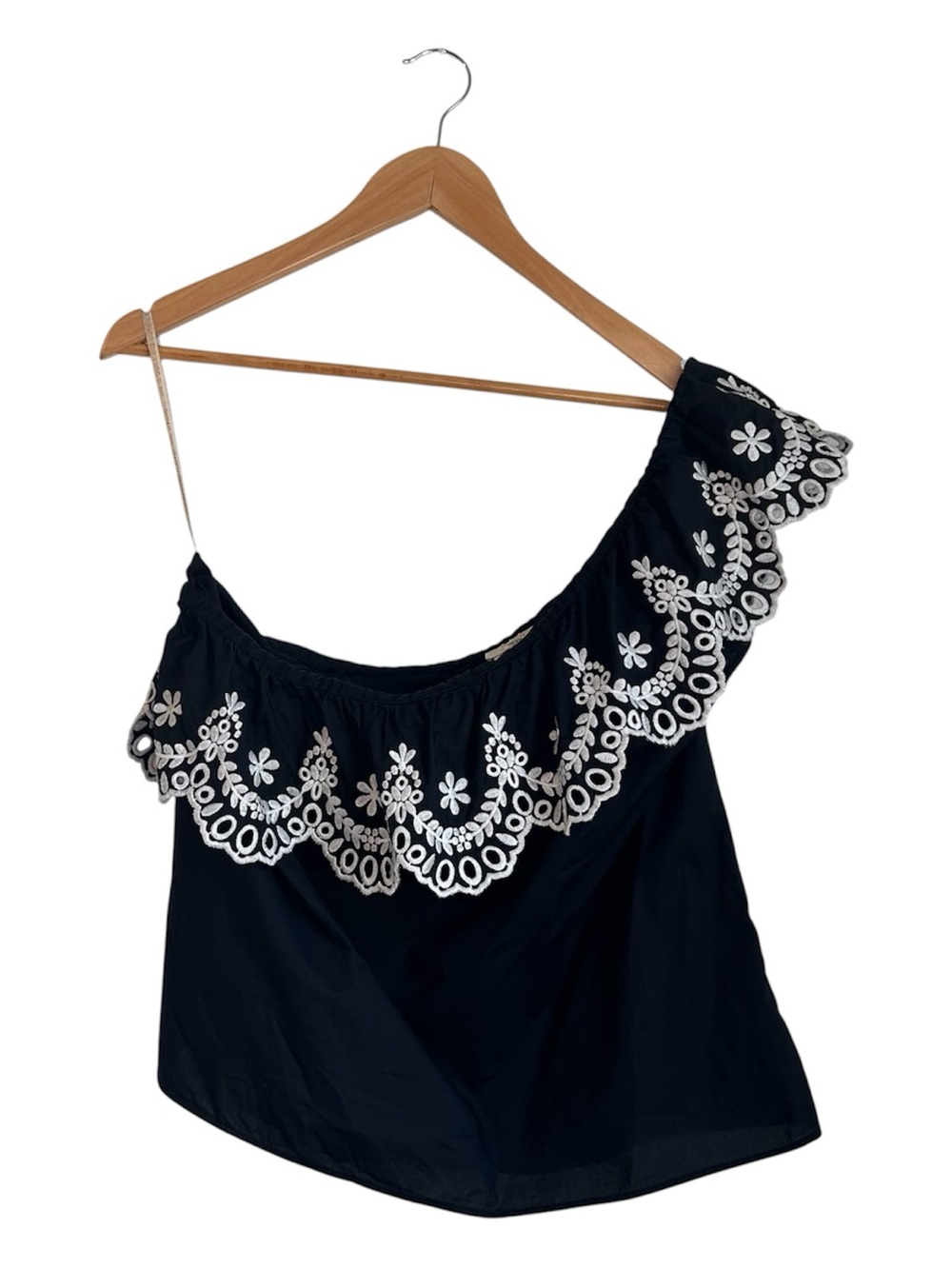 Kate Spade 100% Cotton Black One-Shoulder Embroidered Ruffle Top Size Medium